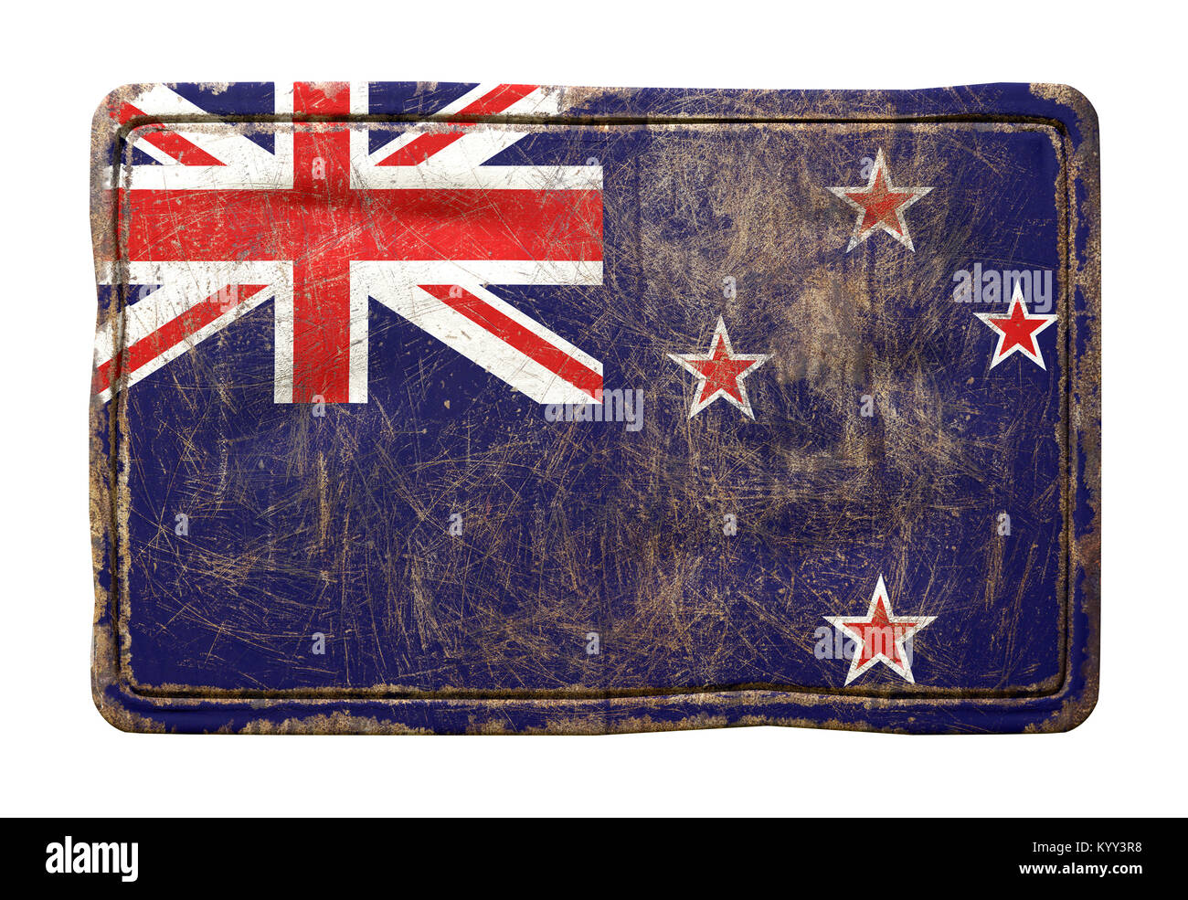 3d rendering of a New Zealand flag over a rusty metallic plate ...