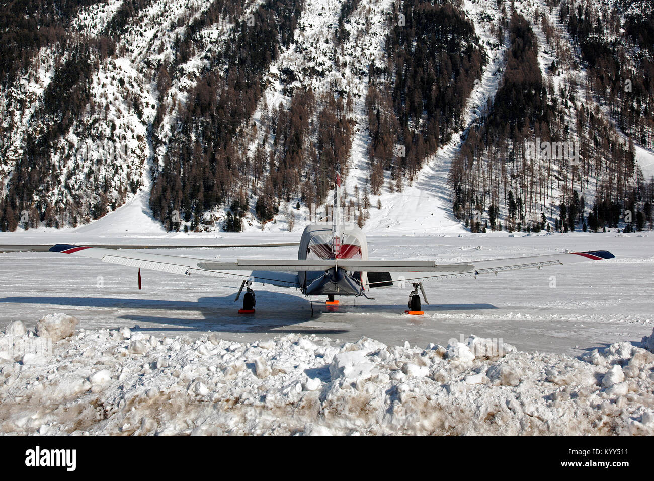 A rear view of a private jet in the airport of St moritz Switzerland ...
