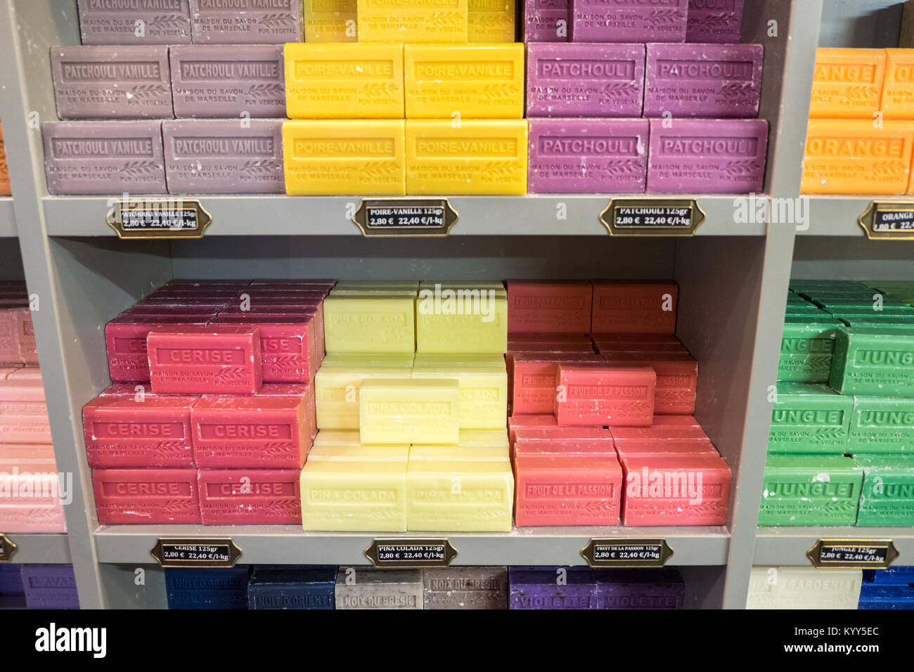 Colourful,shop,display,soap,Aleppo,Savon D'Alep,fragrance,fragrant,perfume, aroma,at,La Maison du Savon de Marseille,within,Carcassonne,castle,France  Stock Photo - Alamy