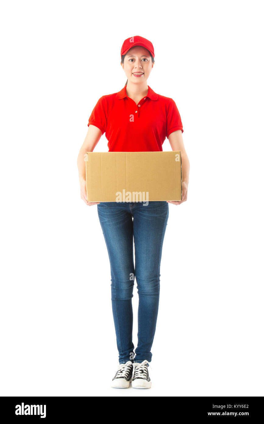 full length photo of professional young female delivery officer 
