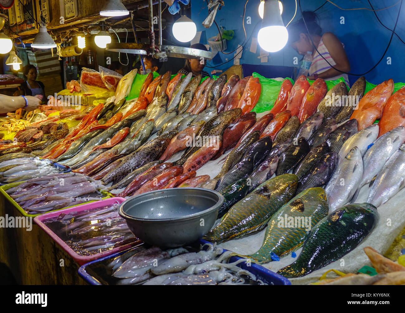 Manila, Philippines Apr 13, 2017. Vendors at fish market of Seaside