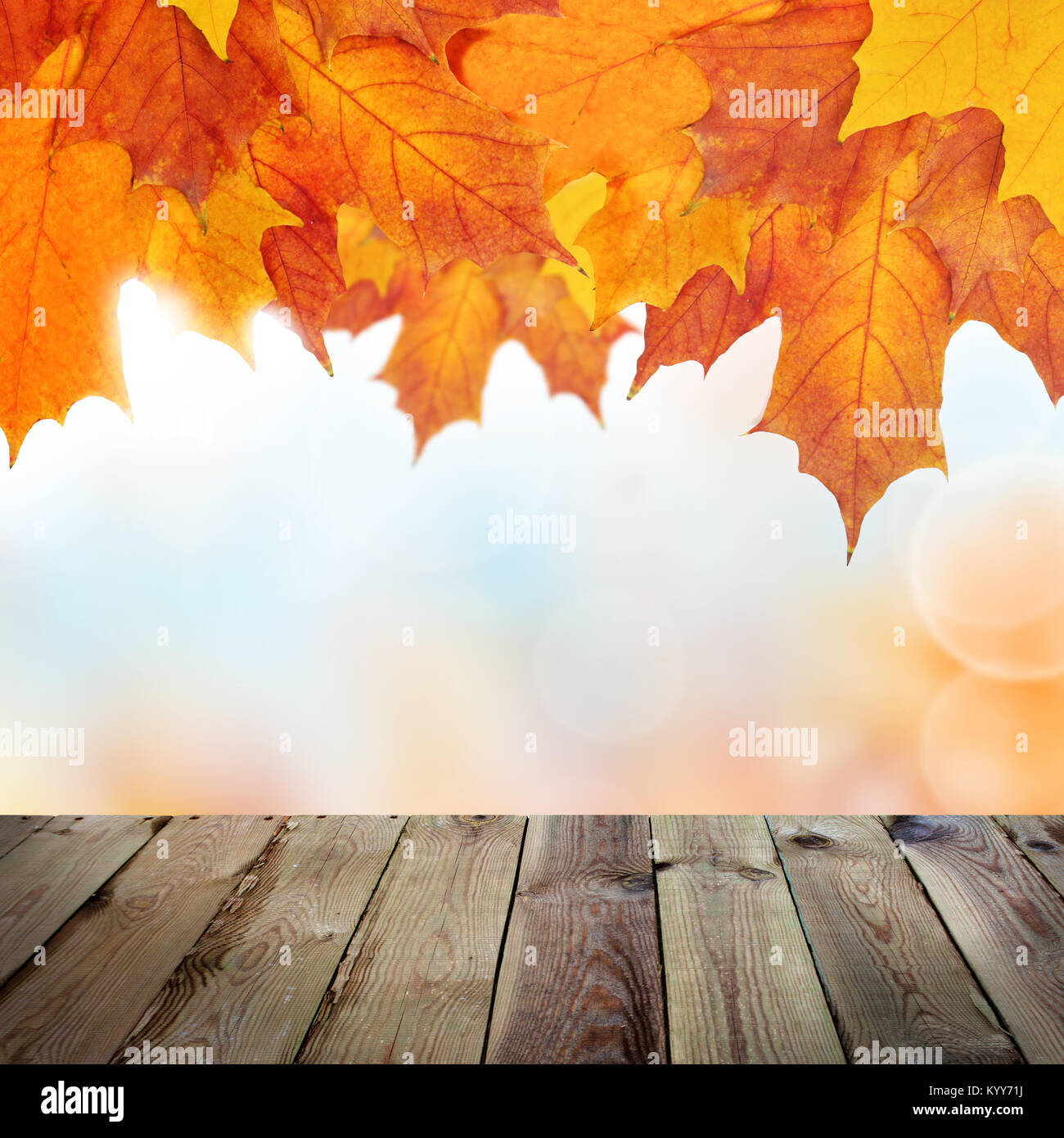 Autumn Background with Empty Wooden Table, Bokeh and Fall Maple Leaves ...