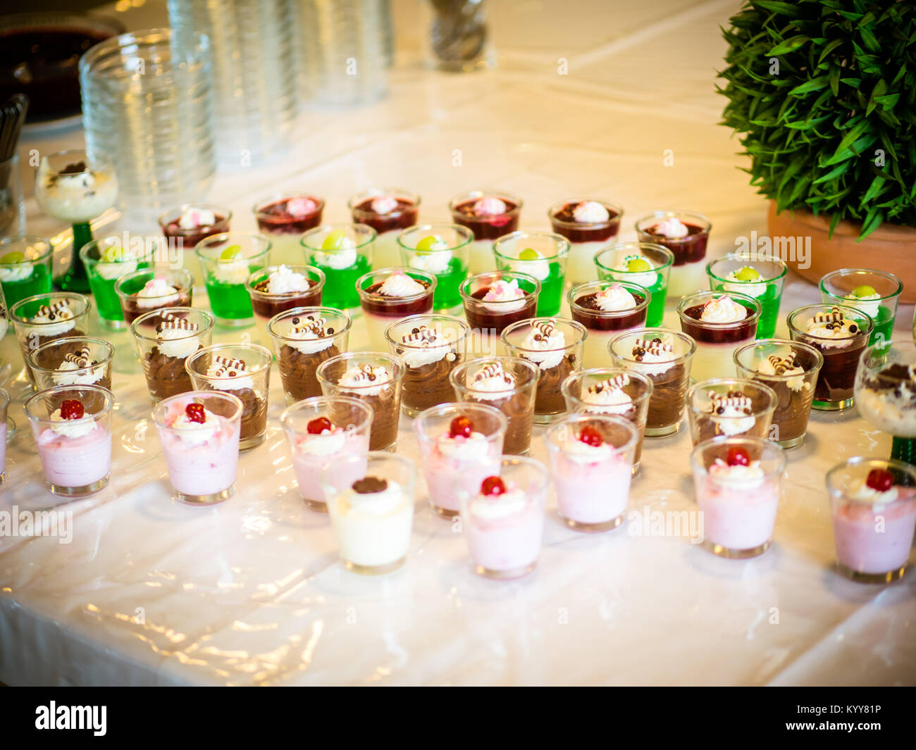 Glasses with cream desserts and berries Stock Photo