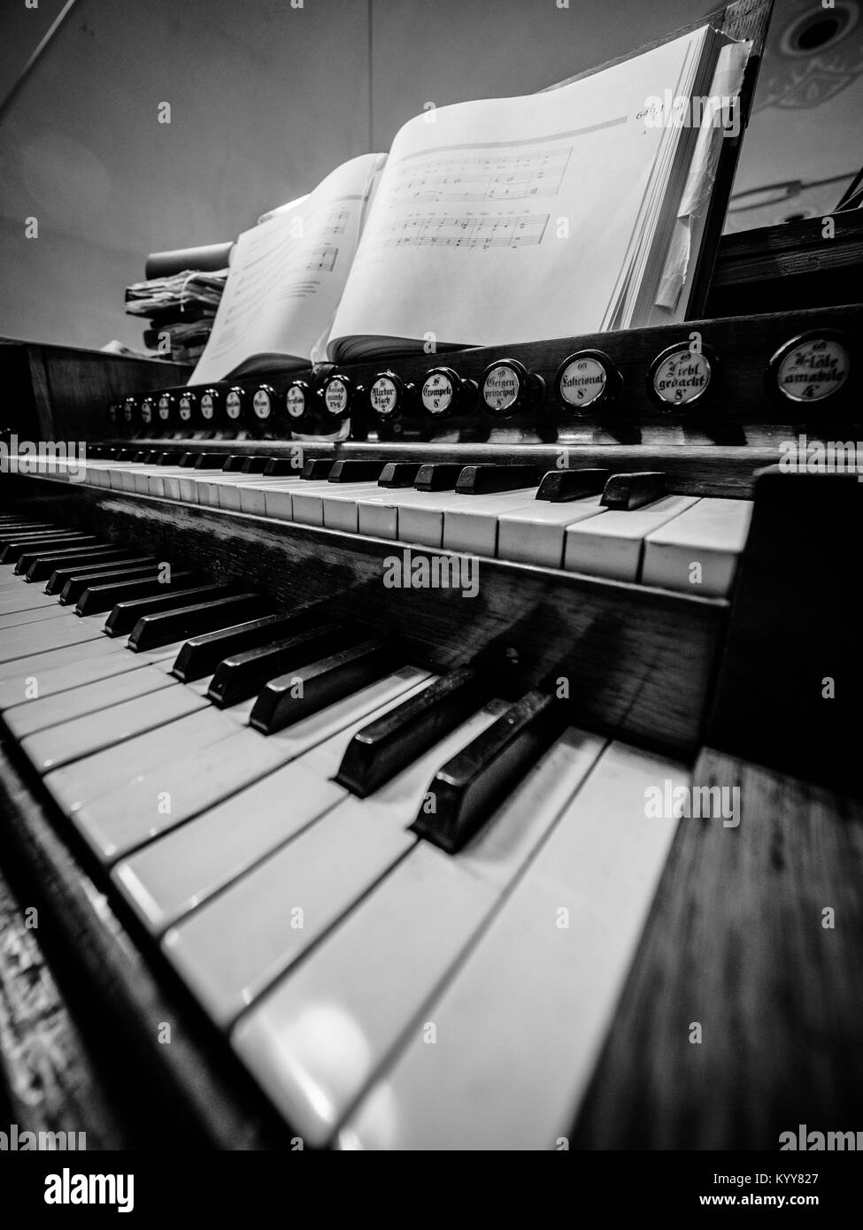 Vintage old piano. Close-up of keyboard keys Stock Photo