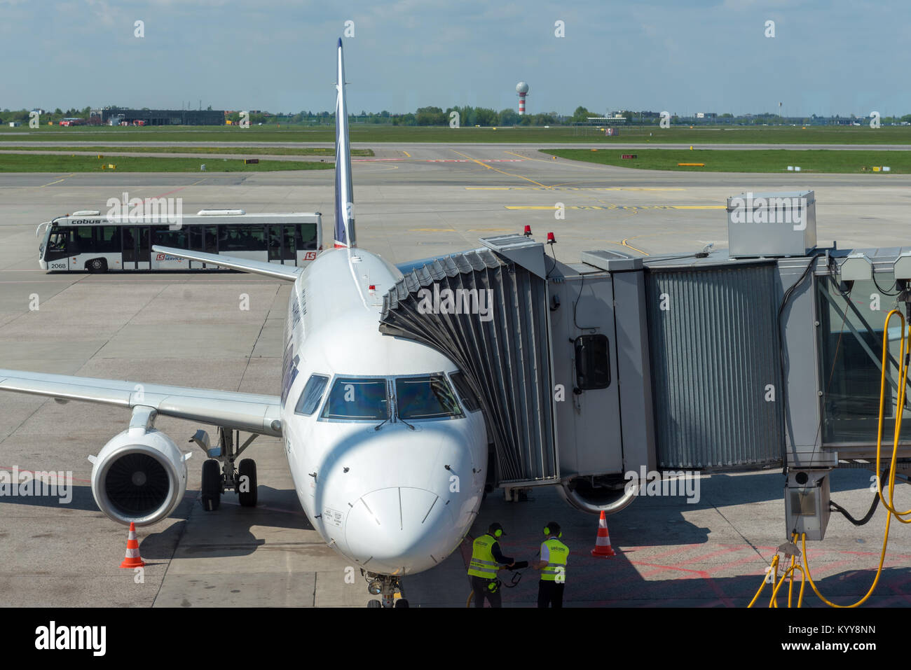 Warsaw, Poland, May 16, 2017: Passenger airplane preparing for take-off at international Warsaw Chopin Airport Stock Photo