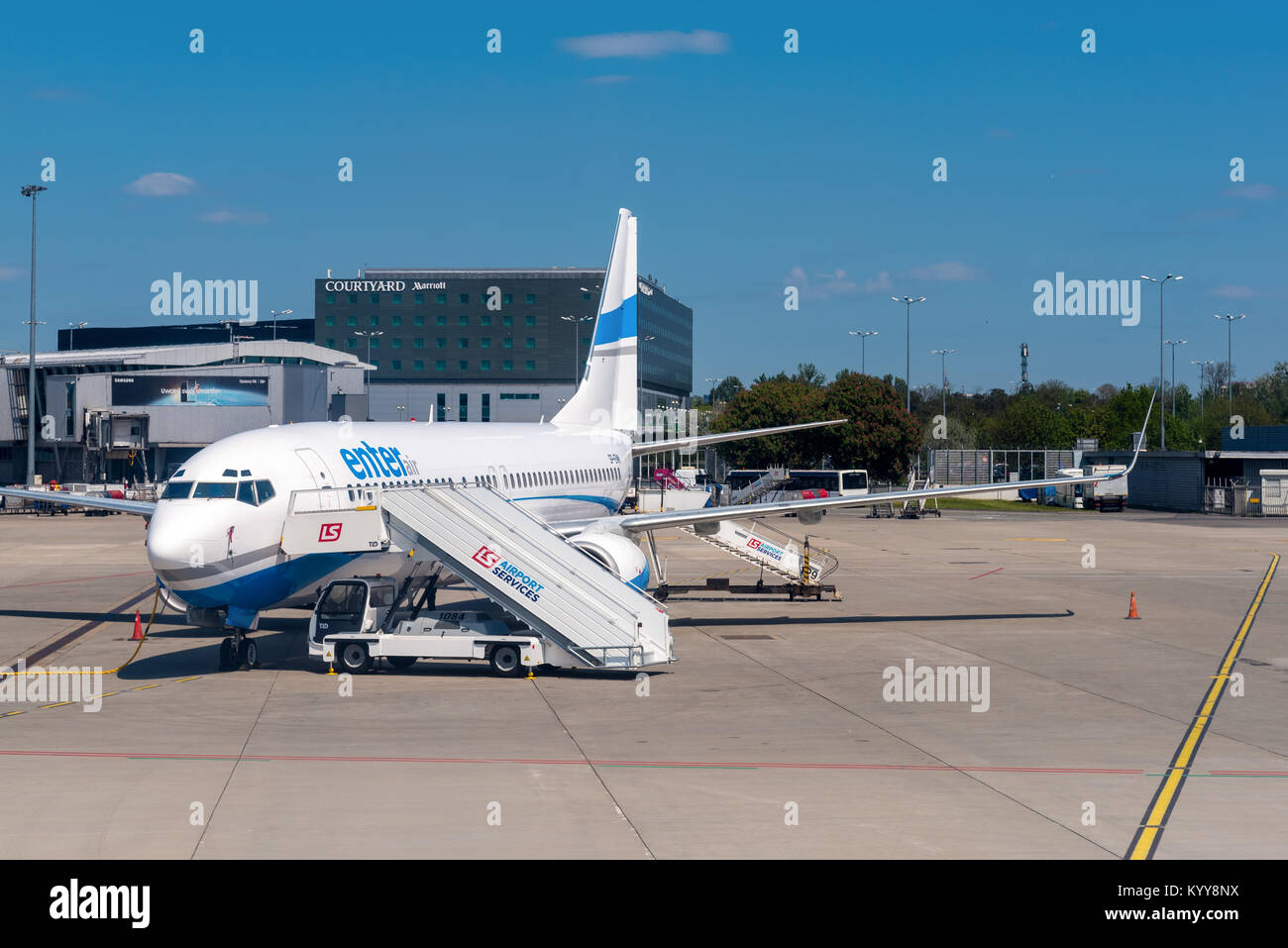 Warsaw, Poland, May 16, 2017: Airplane Enter Air preparing for take-off at international Warsaw Chopin Airport. Stock Photo