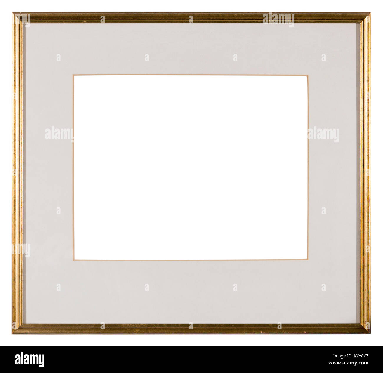 Empty picture frame isolated on white, landscape format with mount, distressed gilt finish Stock Photo