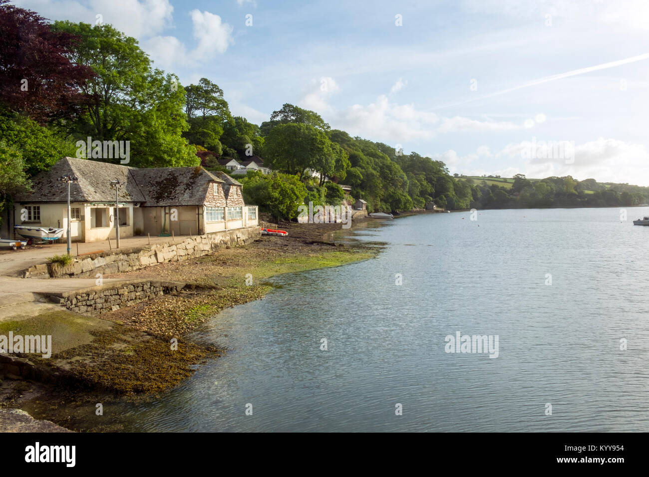 Peaceful early summer morning on picturesque boat moorings in the