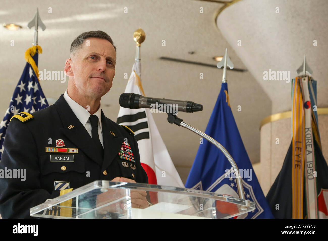 U.S Army Lt. Gen. Thomas S. Vandal commander of the Eighth Army, provides opening remarks at the Holiday concert in Seoul, Korea Dec. 17, 2017. The concert was hosted by the Eighth Army command in conjunction with local community leaders during the holiday season to promote harmonious relations between the U.S. Army and the Republic of Korea (ROK). Over 1500 U.S. Soldiers and ROK soldiers attended performances by the Eighth Army Band and the Prime Philharmonic Orchestra . (U.S. Army Stock Photo