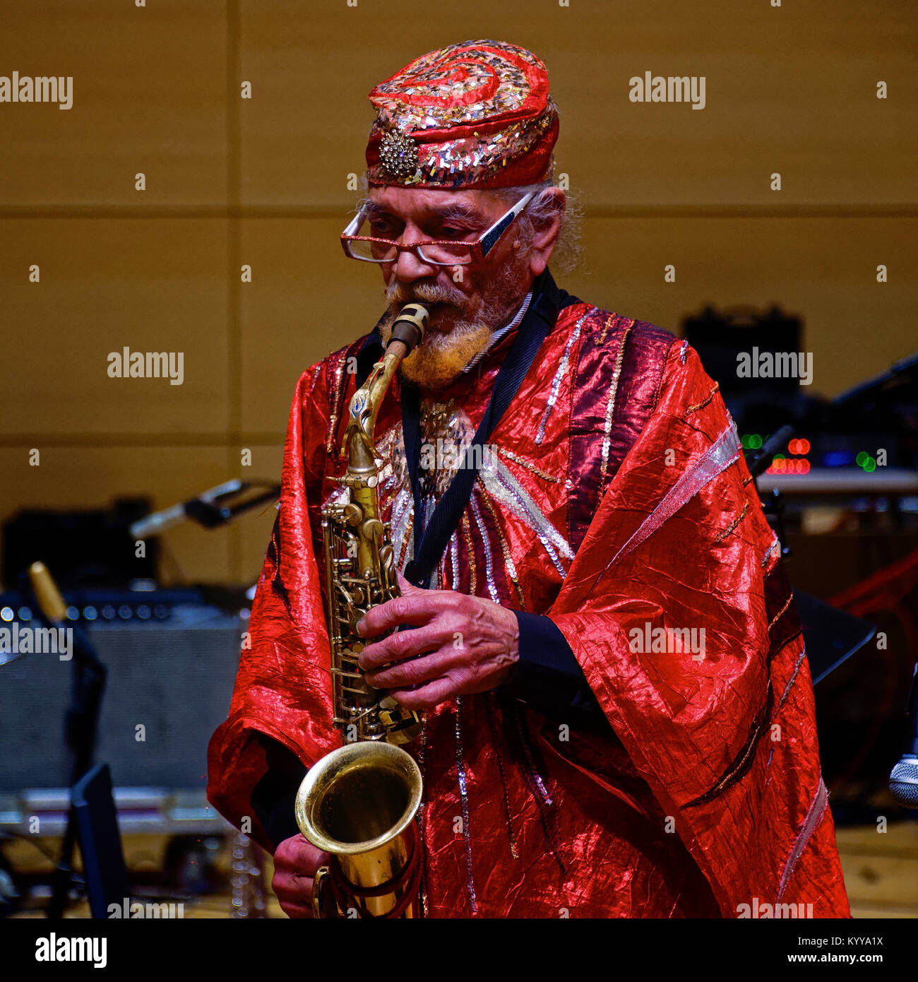 Sun Ra Arkestra performs live score to film Space Is The Place at New School Tishman Auditorium (Photo by Lev Radin/Pacific Press) Stock Photo