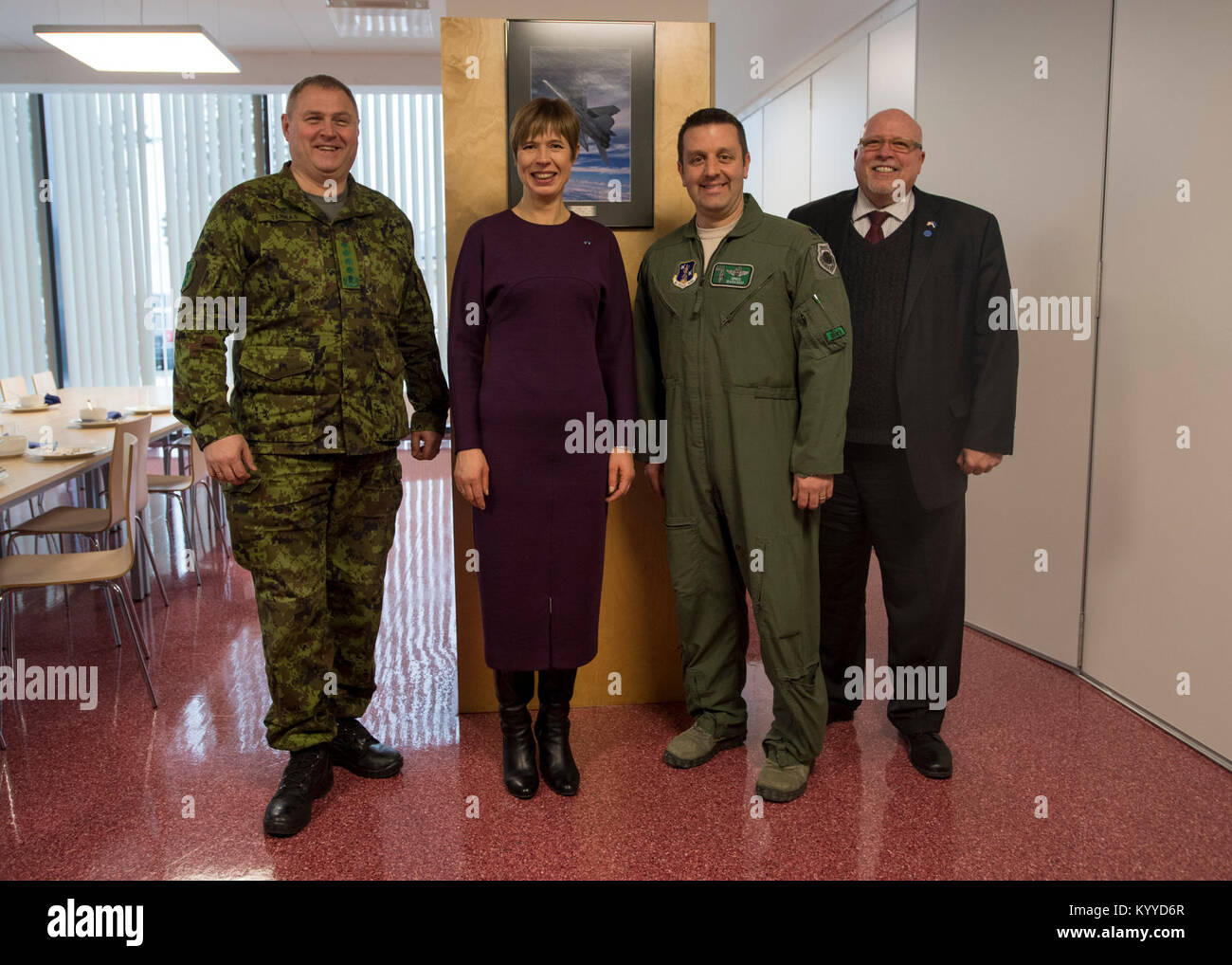 AMARI AIR BASE, ESTONIA (Jan. 10, 2018) – General Riho Terras, commander of the Estonian Defence Forces, H.E. Mrs. Kersti Kaljulaid, President of the Republic of Estonia, Lt. Col. Greg Barasch, 112th EFS commander, and Ambassador James D. Melville Jr., U.S. Ambassador to Estonia, pose January 10, 2018 after a luncheon at Amari, Air Base, Estonia. They discussed the Ohio Air National Guard’s participation in the theater security package, and the strong U.S.-Estonian alliance. (DoD Stock Photo