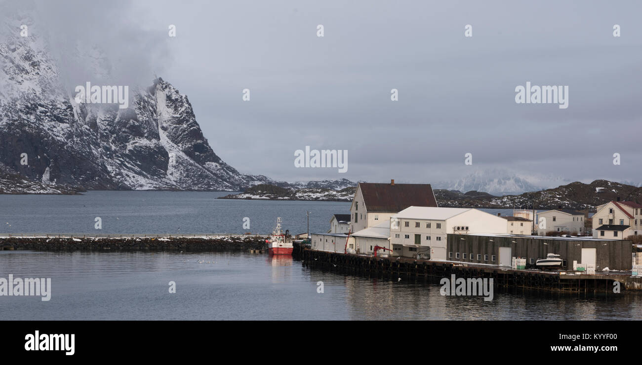 Buildings at waterfront, Henningsvaer, Austvagoy, Lofoten, Nordland, Norway Stock Photo