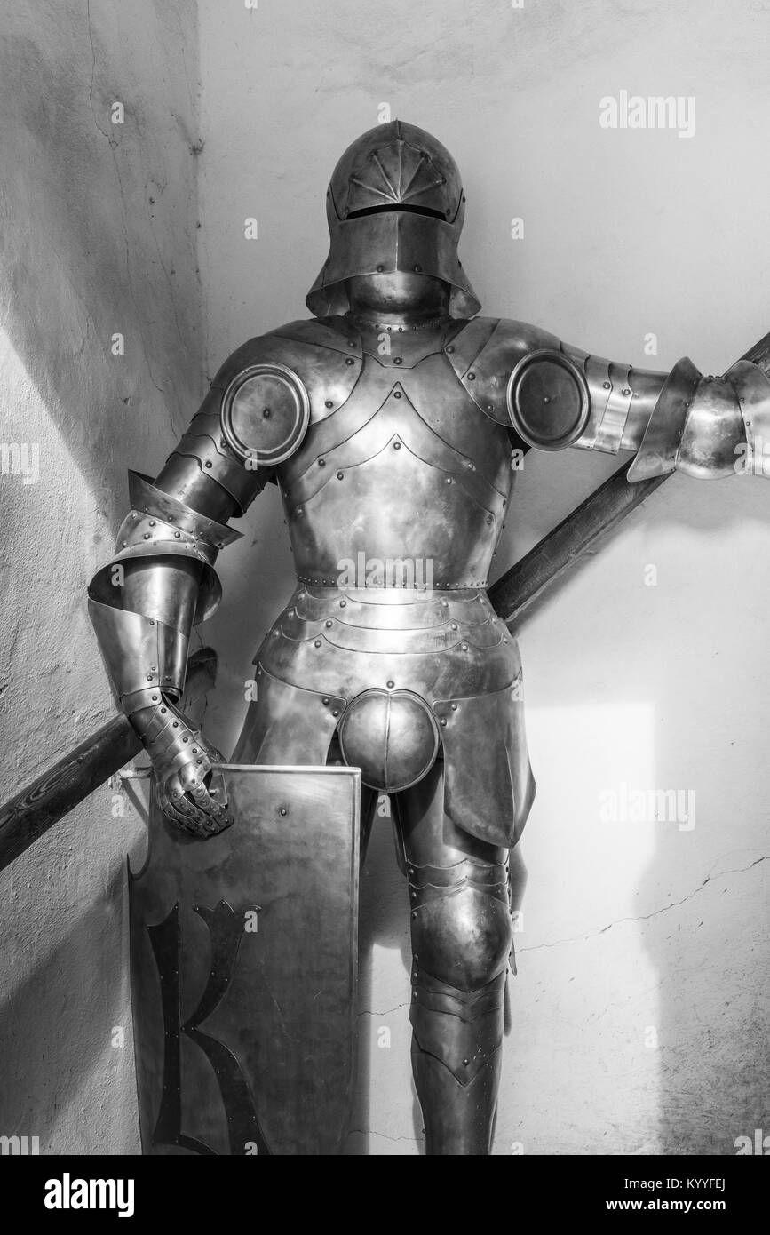Close-up of Suit of armor in museum, Torture Chamber, Golden Lane, Prague, Czech Republic Stock Photo