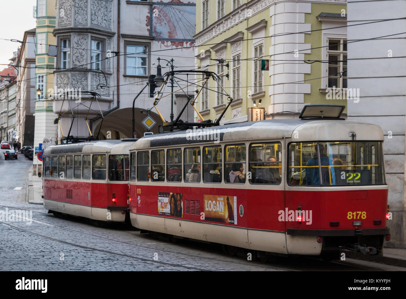 Tram moving on track, Prague, Czech Republic Stock Photo