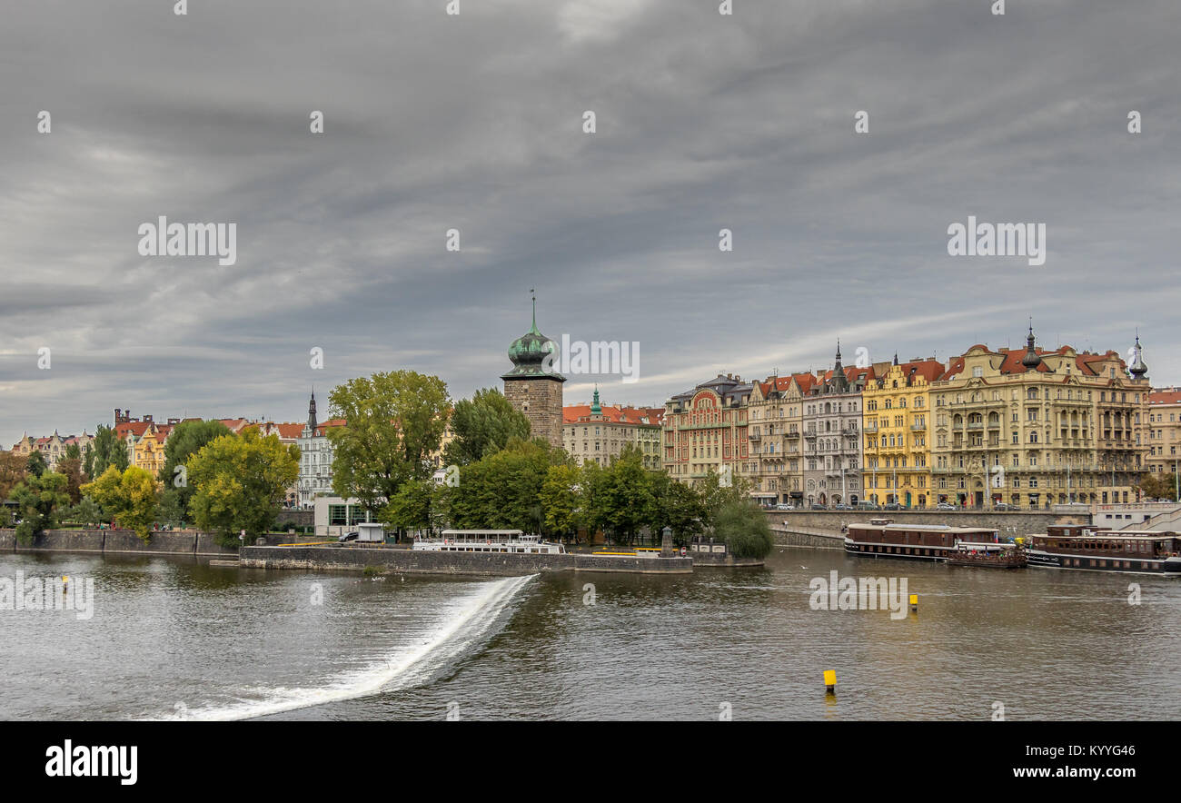 Stunning architecture along The River front Boulevard or Masarykovo nábř ,including the Vltava Water Tower & Manes Gallery, Prague , Czech Republic Stock Photo