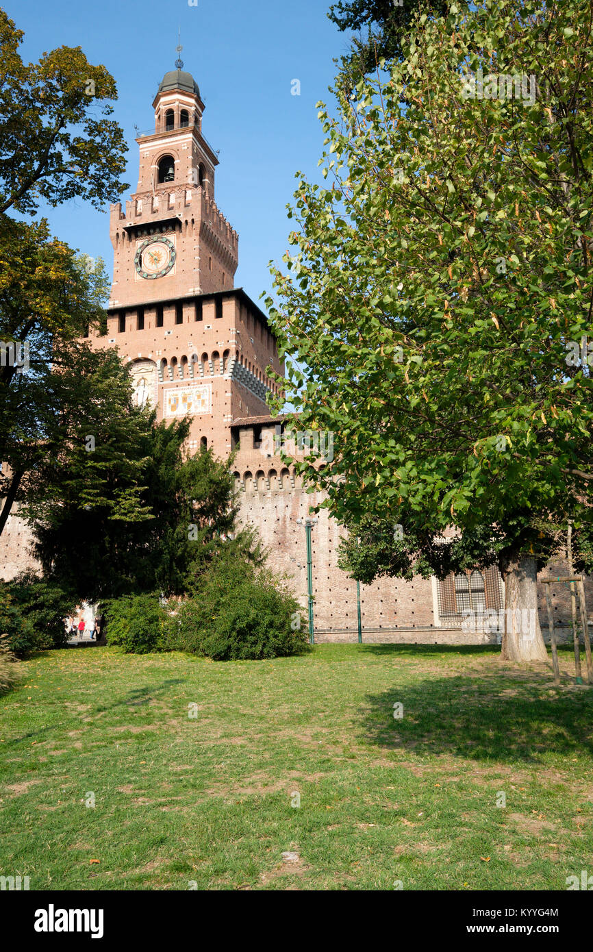 Italy, Lombardy, Milan, Piazza Castello. The Filarete tower, Sforza castle (Castello Sforzesco) Stock Photo