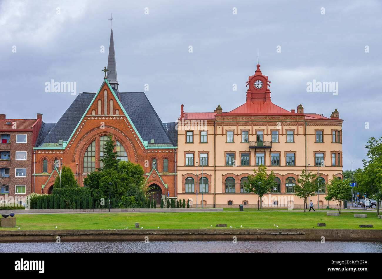 View of Immanuel Church (Immanuelskyrkan) by the Nissan river in Halmstad, Halland County, Sweden. Stock Photo