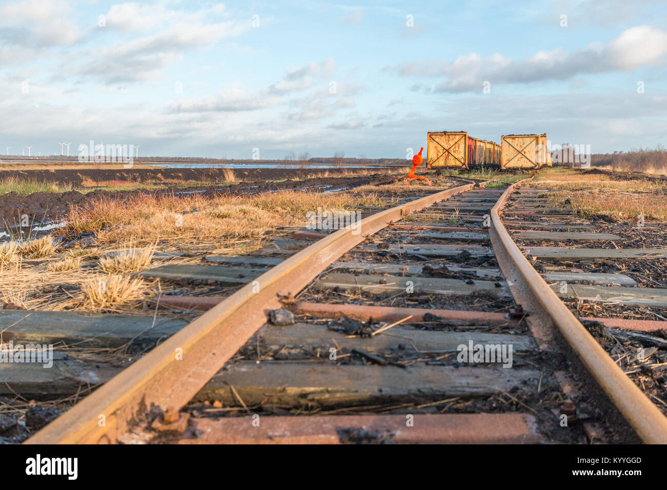 Landscape shot with tracks and points system of a Moor train Stock Photo
