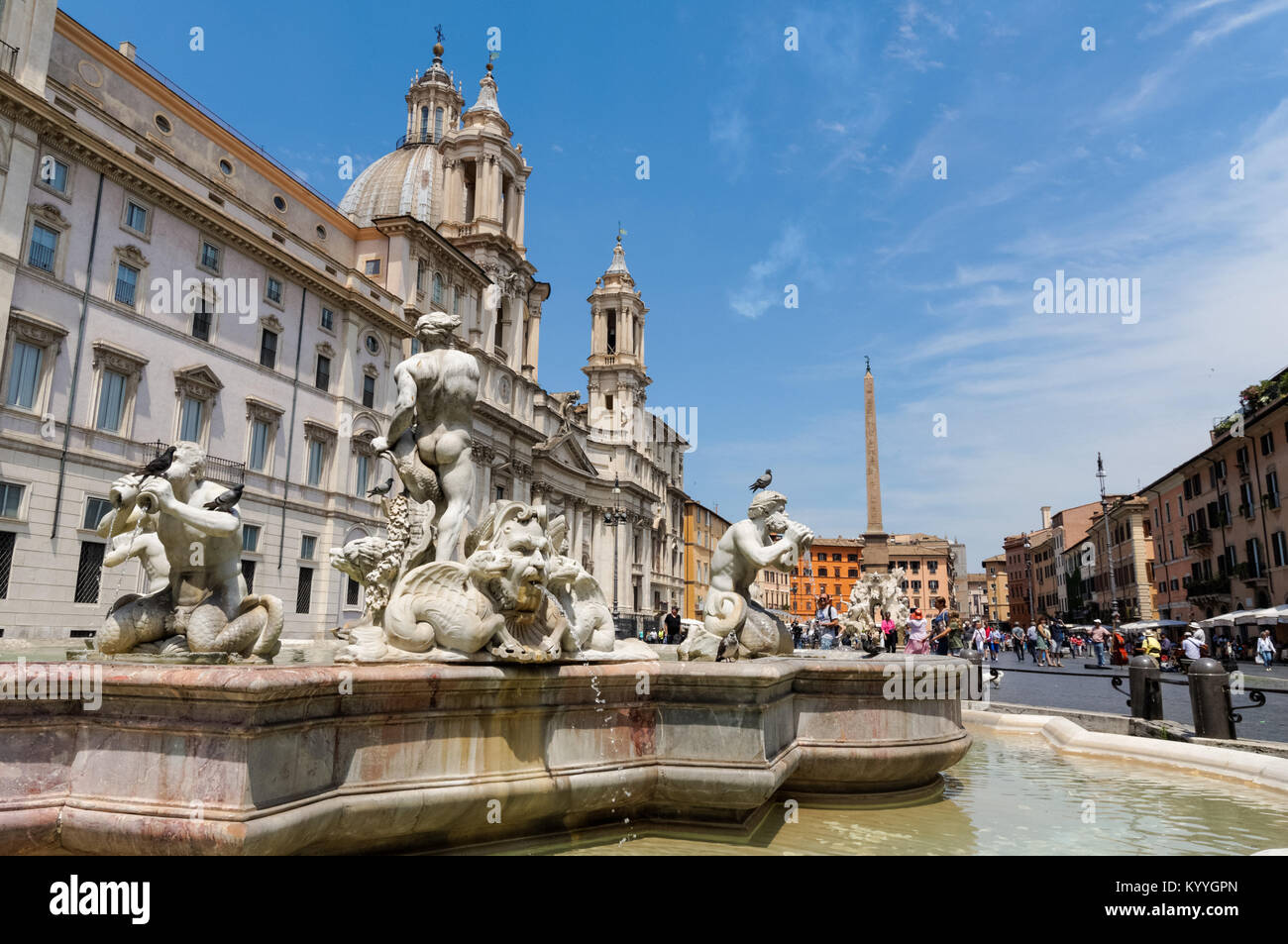 Fontana del Moro (Moor Fountain) and the church of Sant'Agnese in Agone in the Piazza Navona, Rome, Italy Stock Photo