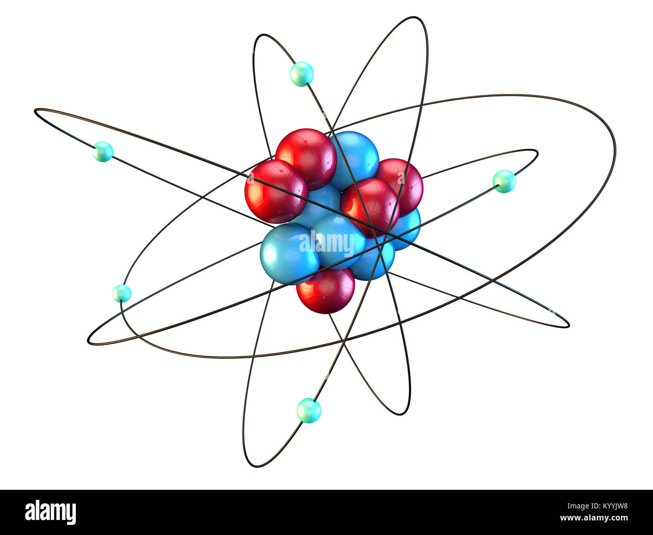 Boron atom showing five electrons orbiting five protons and six neutrons Stock Photo
