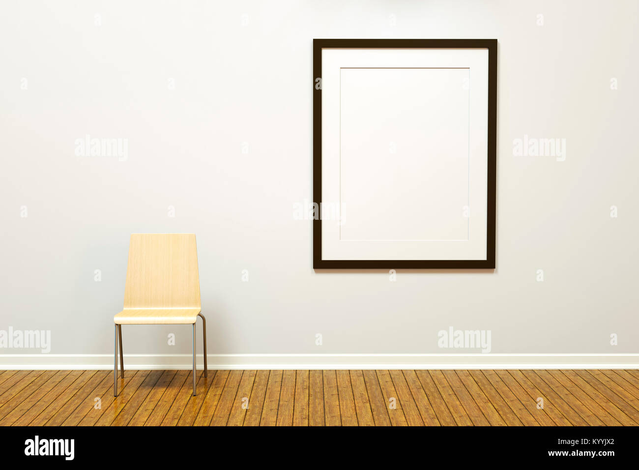 Large blank vertical picture frame with mat on a wall in an empty room or art gallery with a wooden floor and basic chair Stock Photo