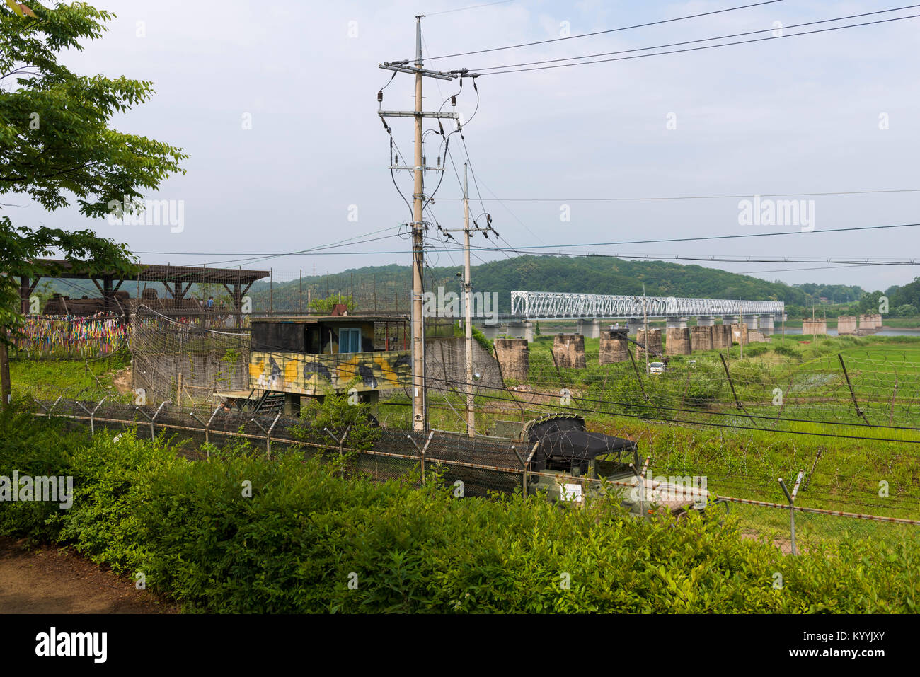 Looking into North Korea at the DMZ, Korean Demilitarized Zone, from South Korea Stock Photo