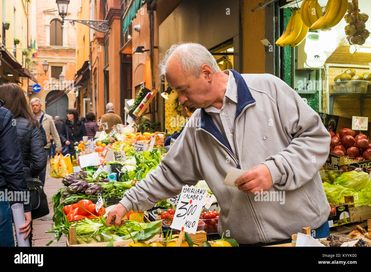 Bologna, Italy - fruit and vegetable market stall in the old town in Bologna city, Italy Stock Photo