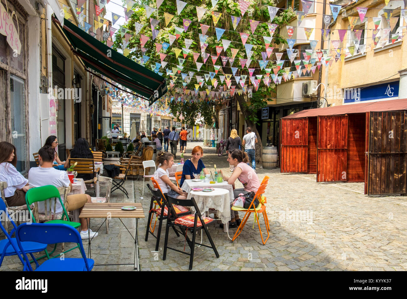 Plovdiv street cafes in the Kapana district of Plovdiv, Bulgaria, Europe Stock Photo