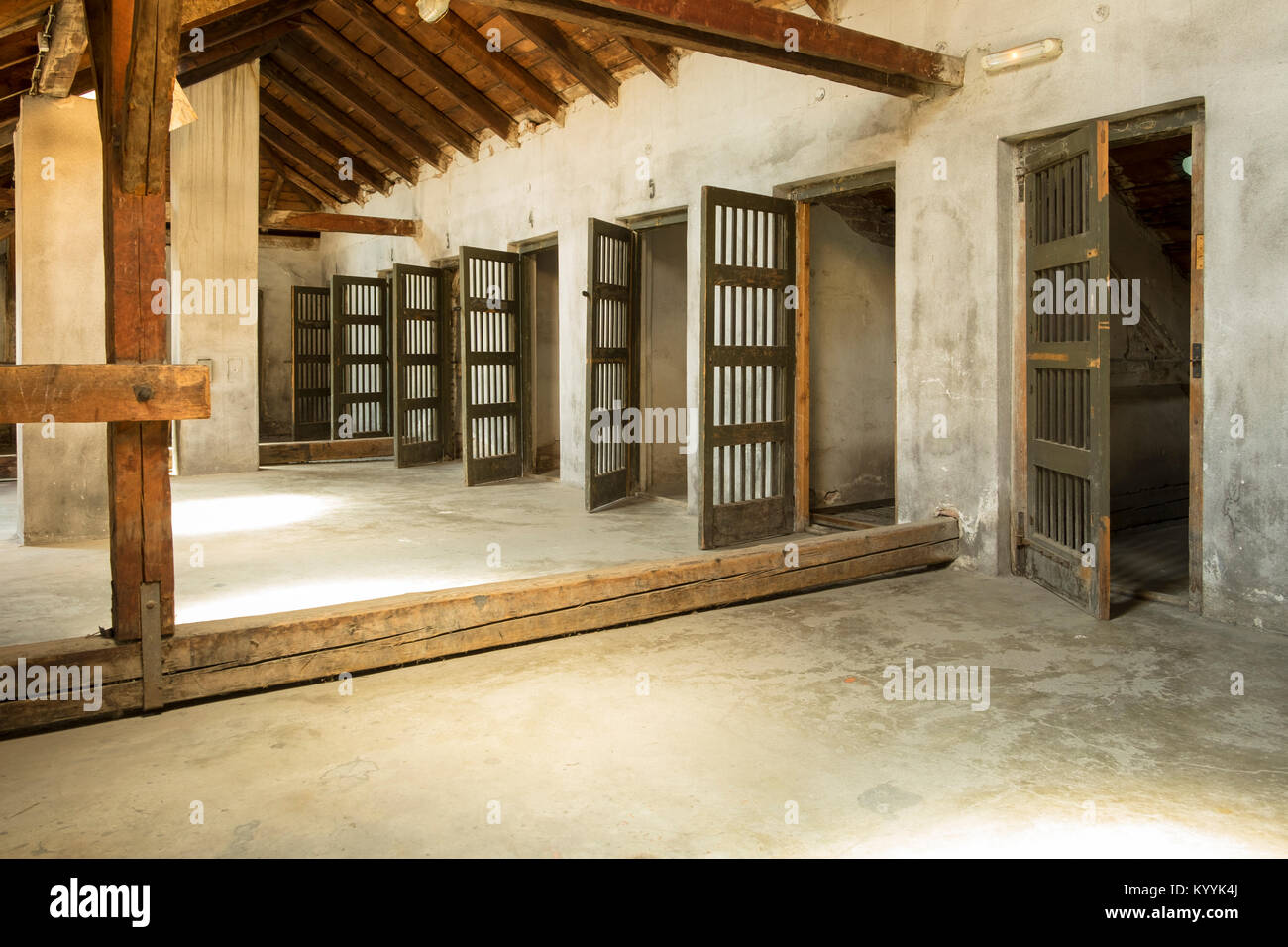Prison cells inside the Red Cross Camp Museum, Nis, Serbia, adopted by the Nazis during World War II as a transit camp. Stock Photo