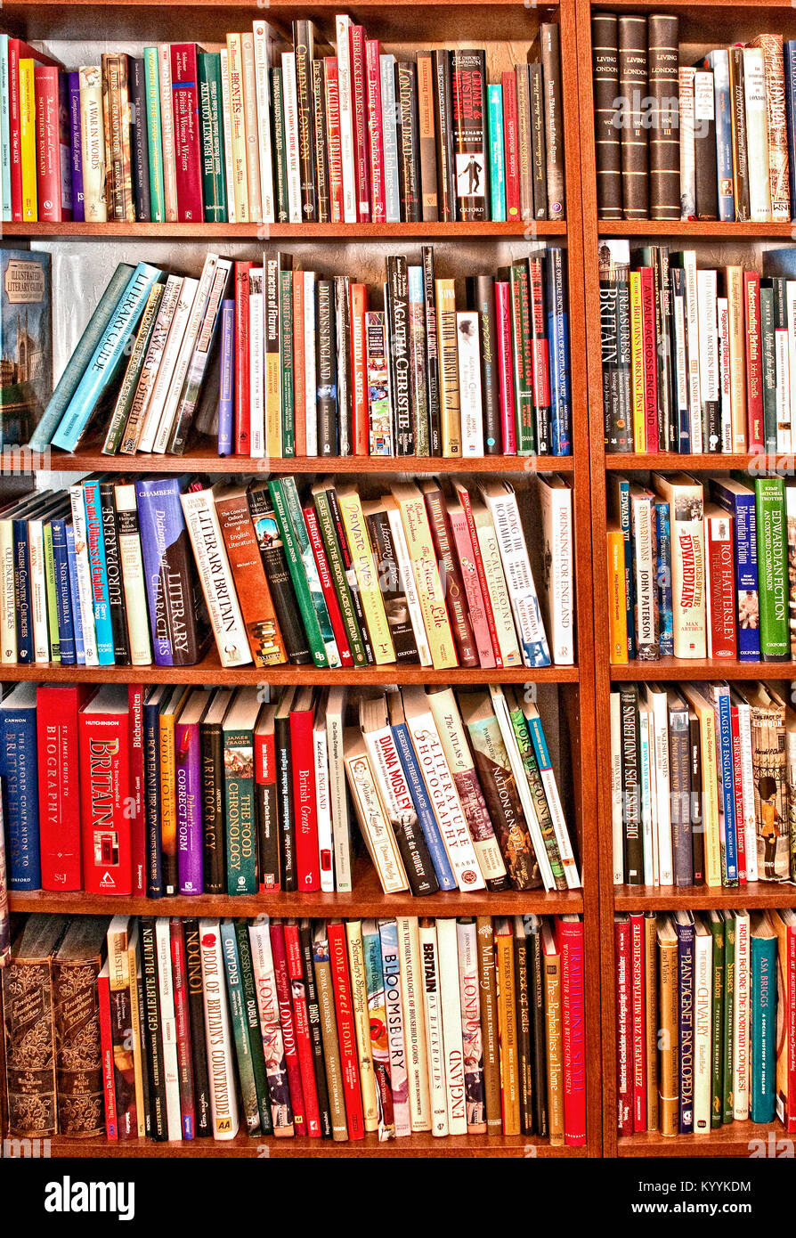 Books in a row on shelves; Bücher aufgereiht in einem Regal Stock Photo