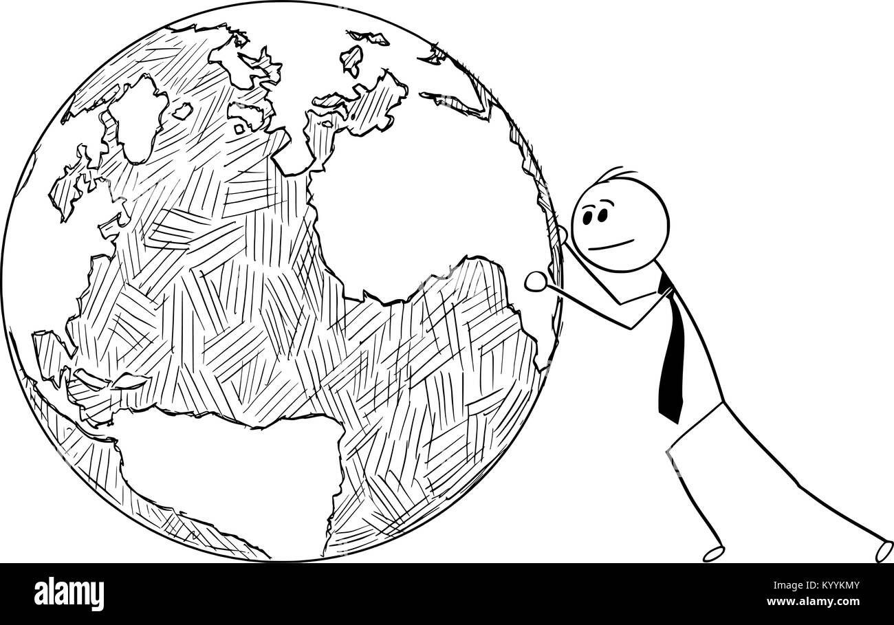 Conceptual Cartoon of Businessman Pushing World Globe Stock Vector