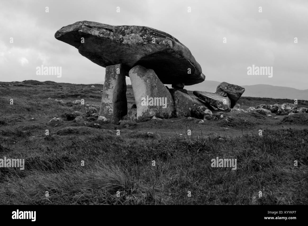 Kilclooney Dolmen in Donegal, Ireland is a megalithic construct from circa 3500 BC. The top stone is estimated to weigh over 100 tons. Stock Photo