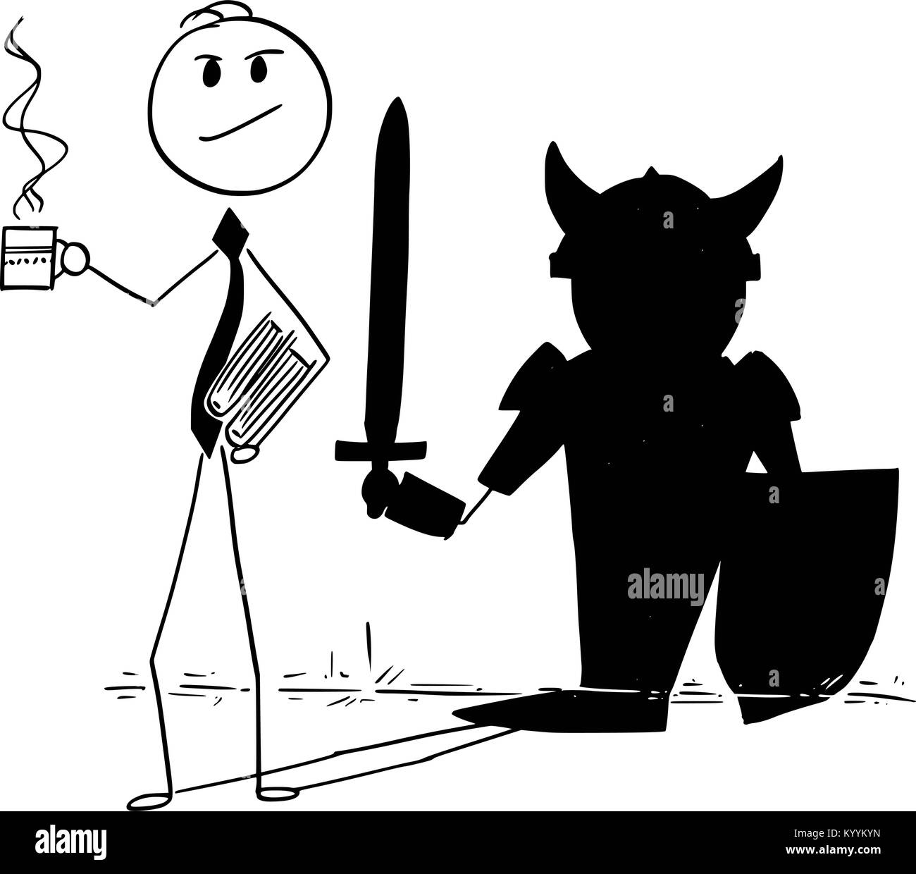 Conceptual Cartoon of Confident Businessman and Hero Knight Shadow Stock Vector