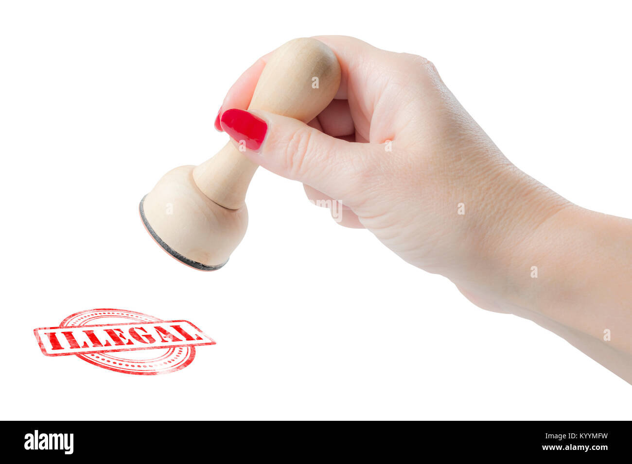 Hand holding a rubber stamp with the word illegal isolated on a white background Stock Photo