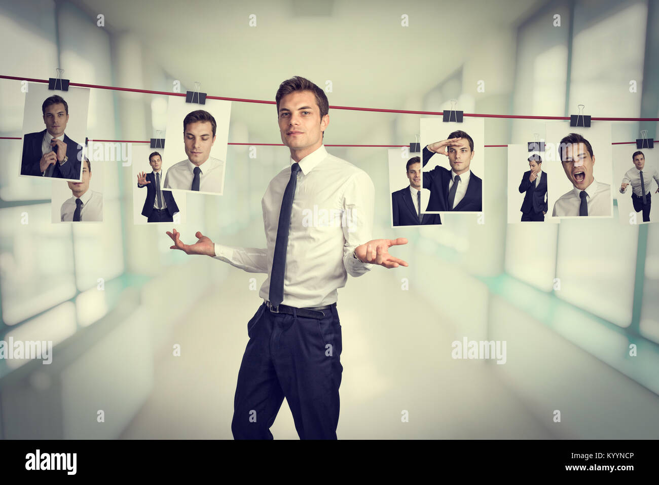 businessman with pictures hanging by a thread with different facial expressions Stock Photo
