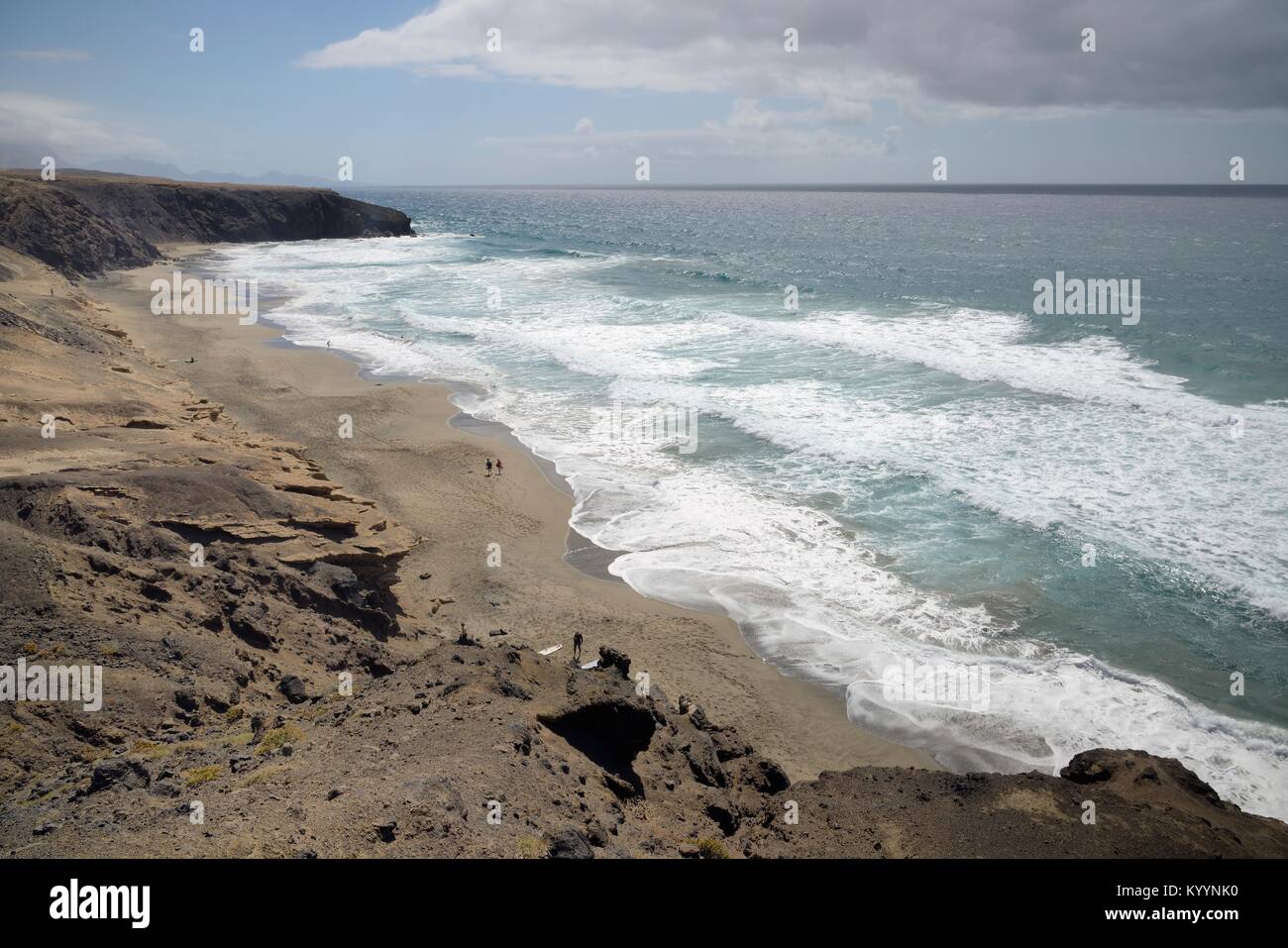 Overview of Playa del Viejo Rey (Beach of the Old King) and rugged volcanic rock coastline, Fuerteventura, Canary Islands, May. Stock Photo