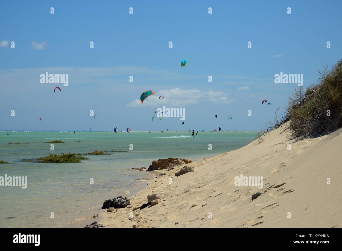 Sotavento Lagoon And Kite Surfers Near Jandia Fuerteventura