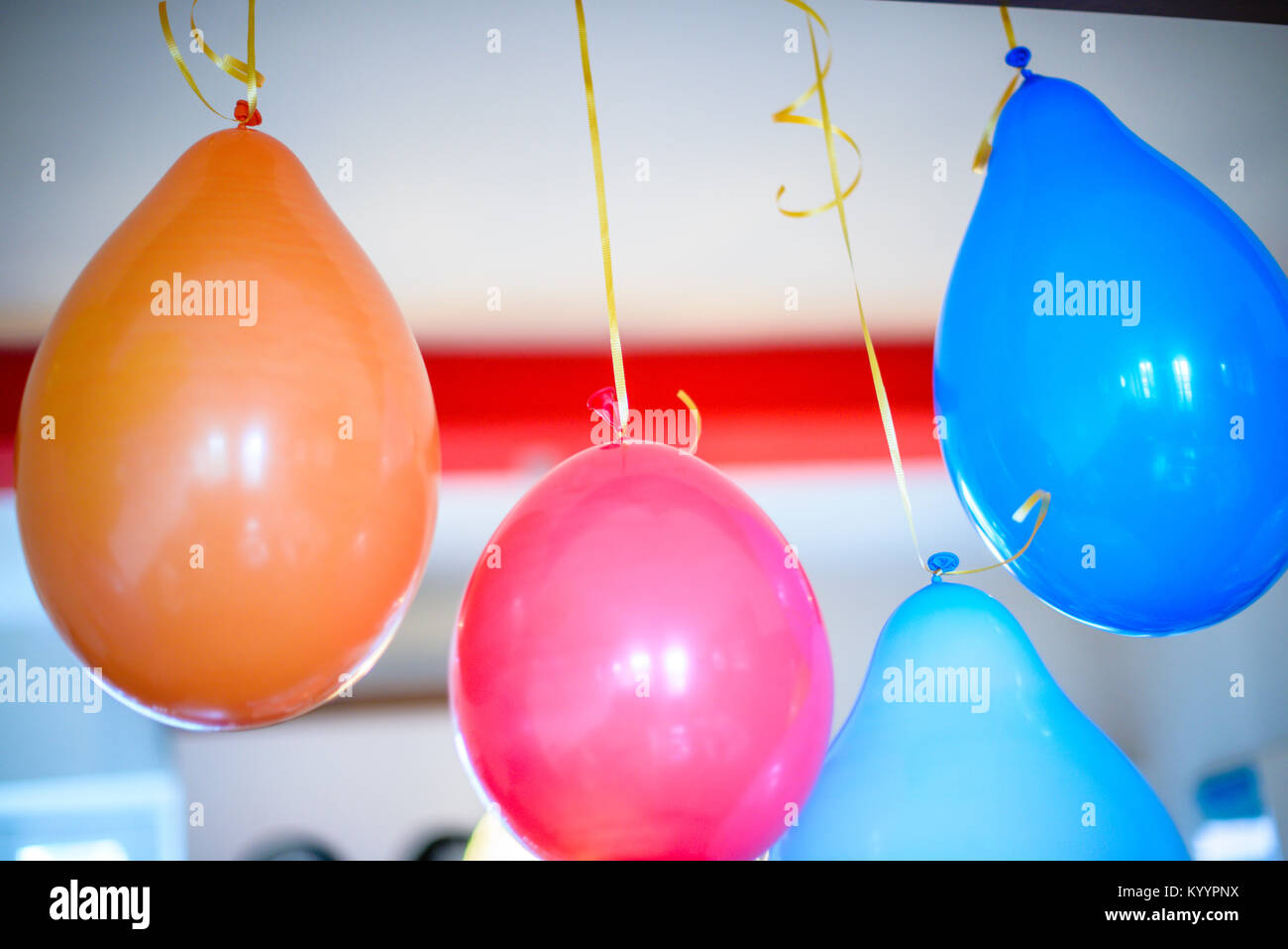 colorful balloons for birthday party hanging at home Stock Photo