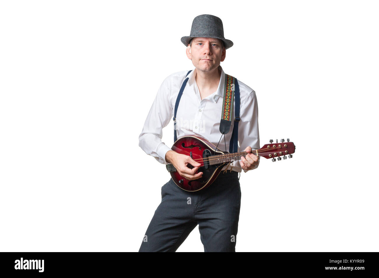 Man with hat plays the mandolin Stock Photo