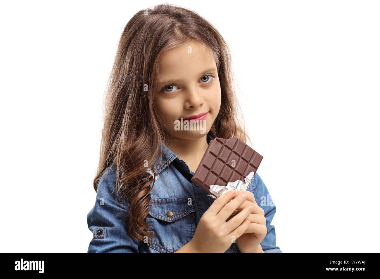 Girl with a chocolate bar isolated on white background Stock Photo Alamy