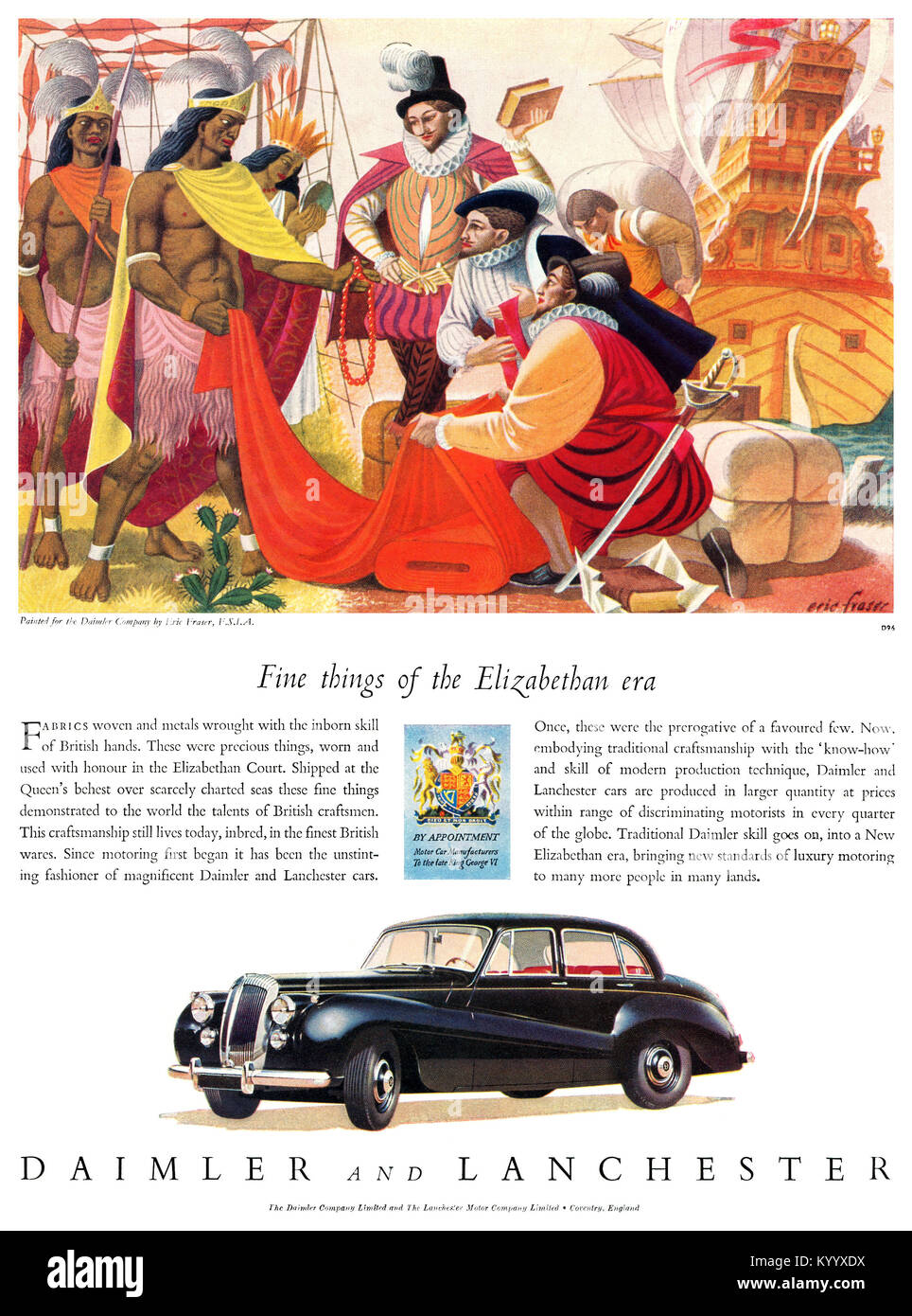 1953 British advertisement for Daimler and Lanchester cars, illustrated by Eric Fraser. Stock Photo
