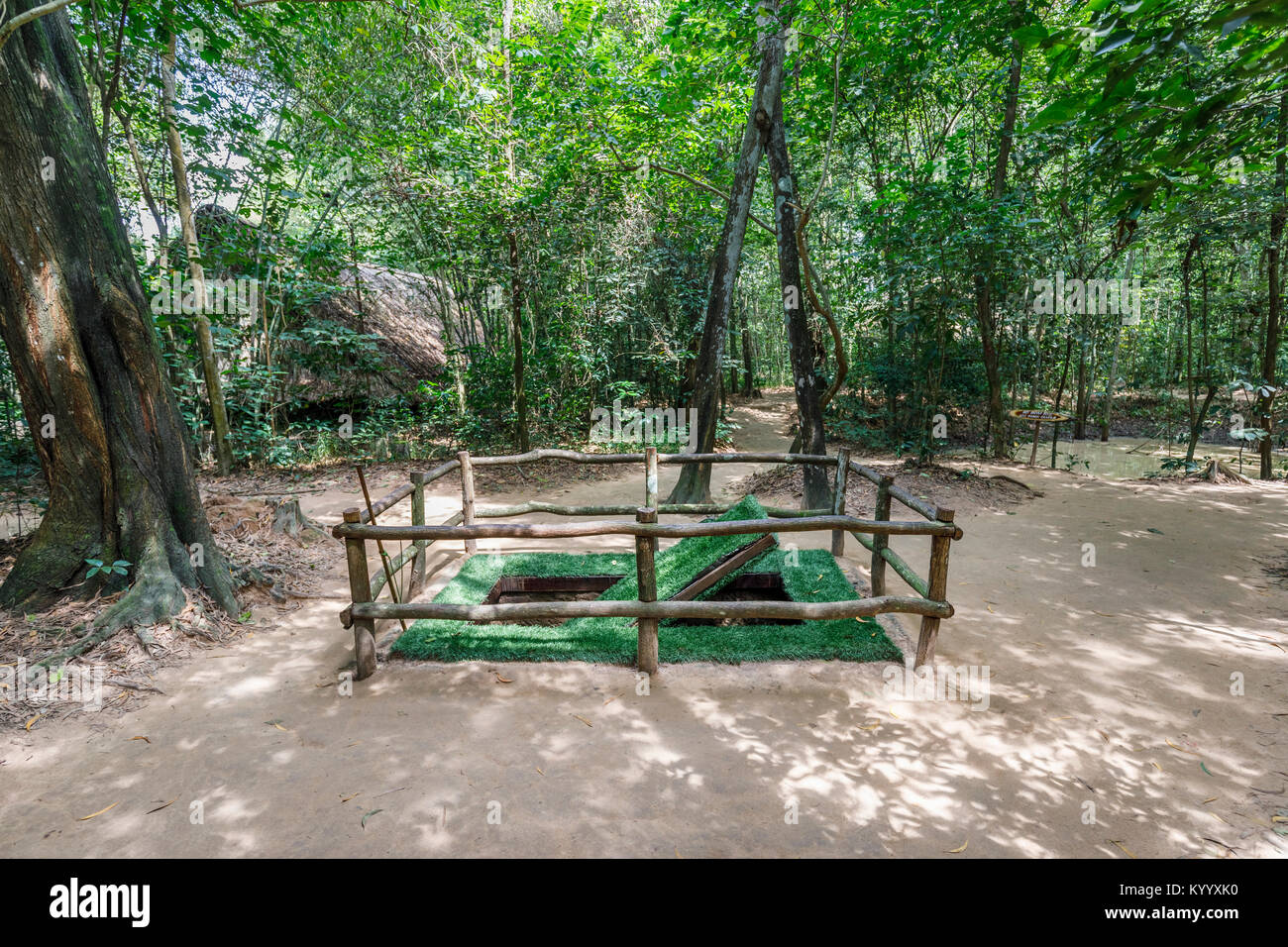 Deadly pit with concealed booby trapped door in the iconic Cu Chi Tunnel network, hidden Viet Cong tunnels, Saigon (Ho Chi Minh City), south Vietnam Stock Photo