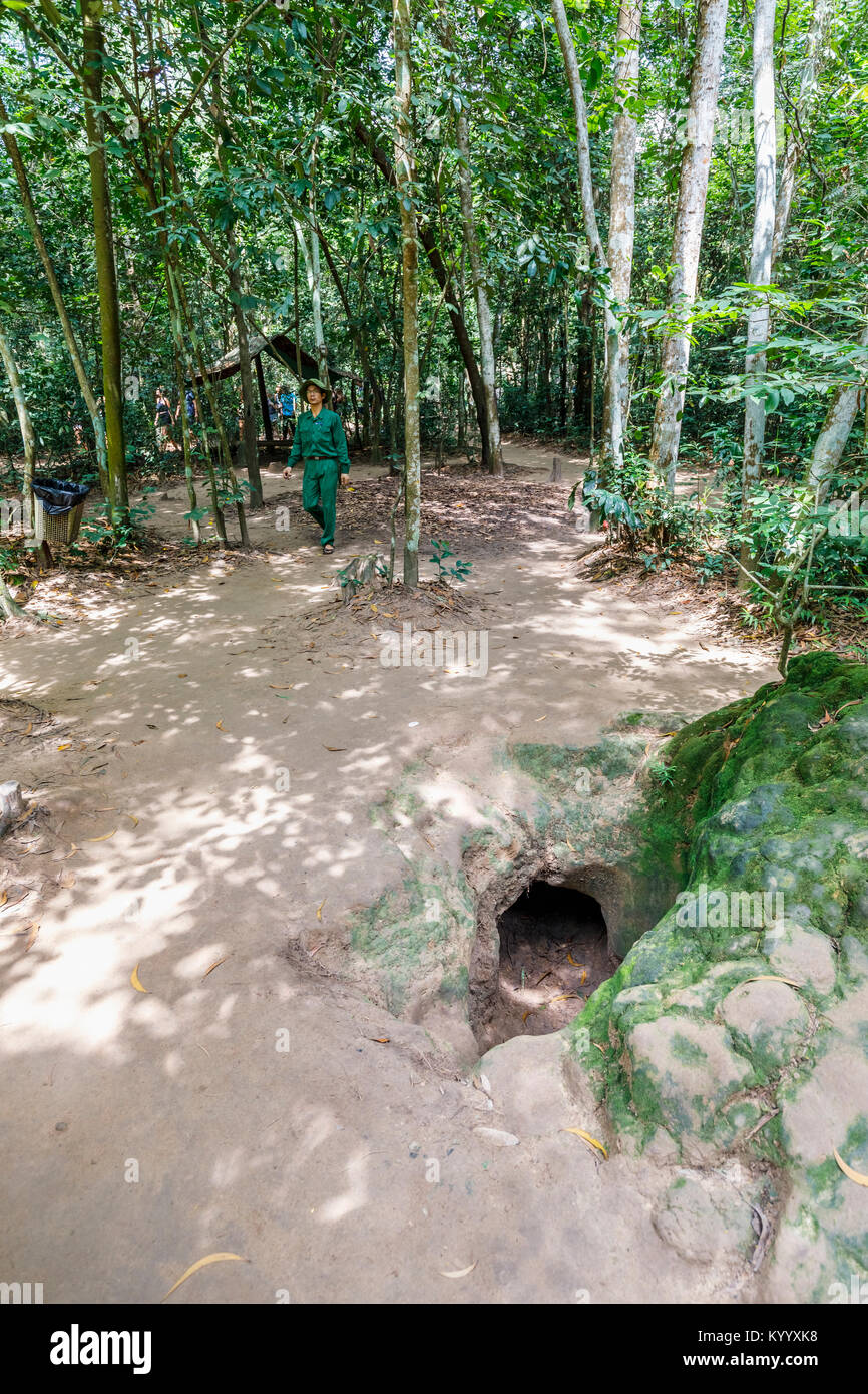 Entrance to a tunnel concealed by a termite mound in the iconic Cu Chi Tunnel network, hidden Viet Cong tunnels, Saigon (Ho Chi Minh City), Vietnam Stock Photo