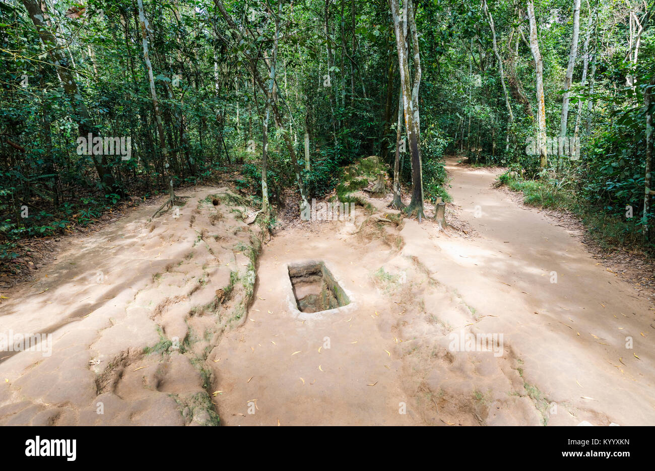 Entrance to a tunnel in the iconic Cu Chi Tunnel network, hidden Viet