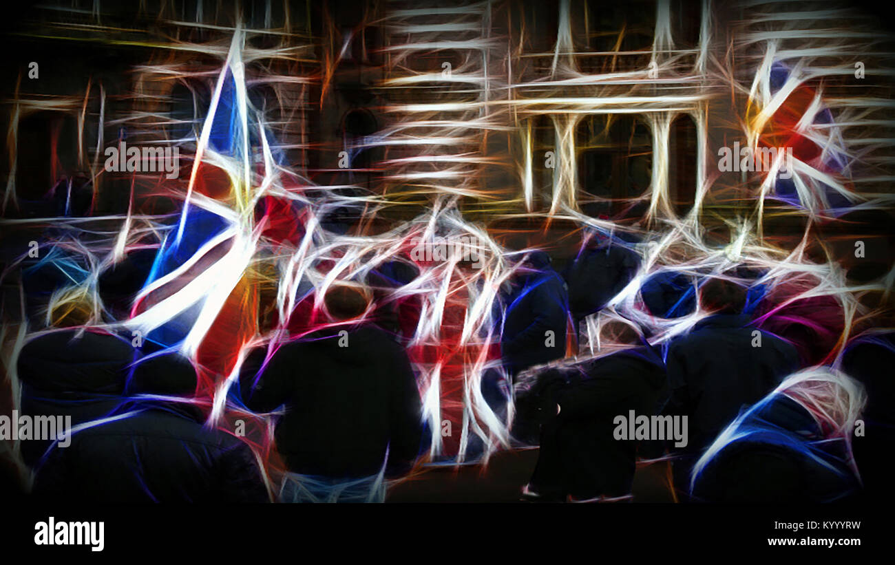 abstract Photoshop representation of a British nationalist demonstration with the prevalence of union flags artwork style photograph Stock Photo