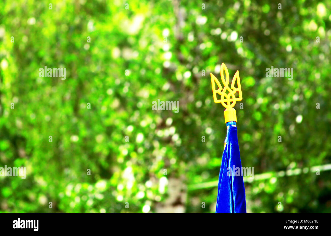 Trident (national ukrainian coat of arms) on the top of the Ukrainian flag over green spring foliage Stock Photo
