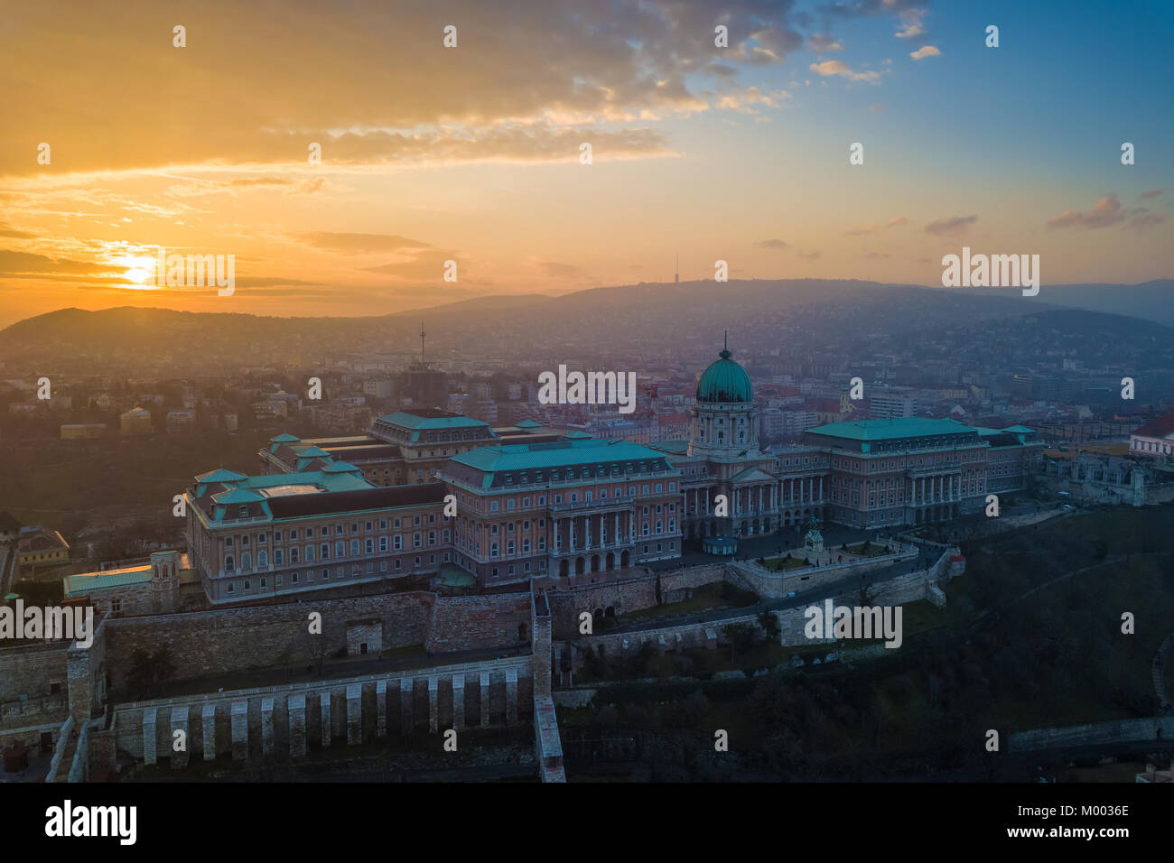 Budapest, Hungary - Aerial sunset view of Buda Castle Royal Palace with ...