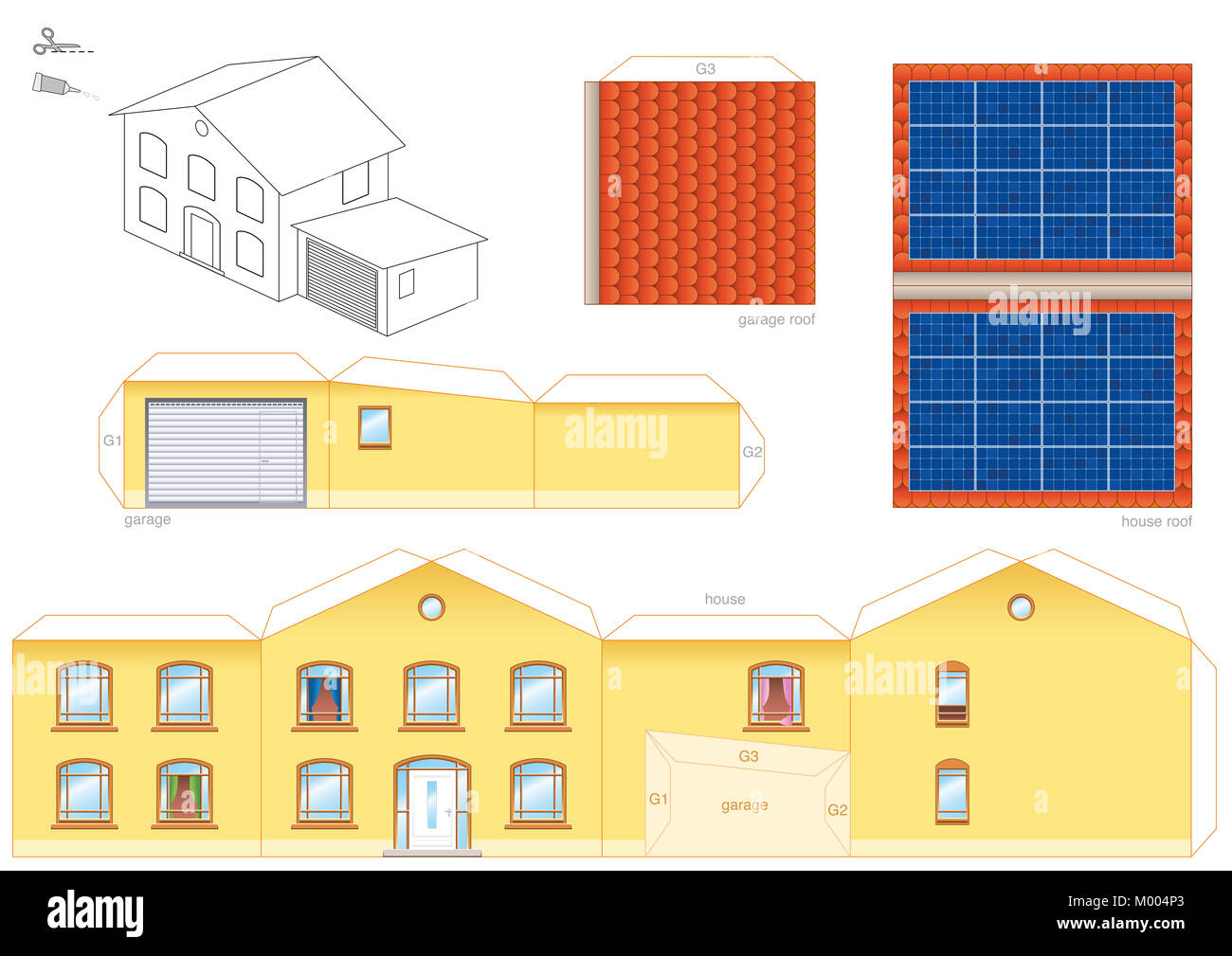 Papercraft model of a house with solar thermal collector on the roof, photovoltaic technology - cut-out sheet for making a scale model house. Stock Photo