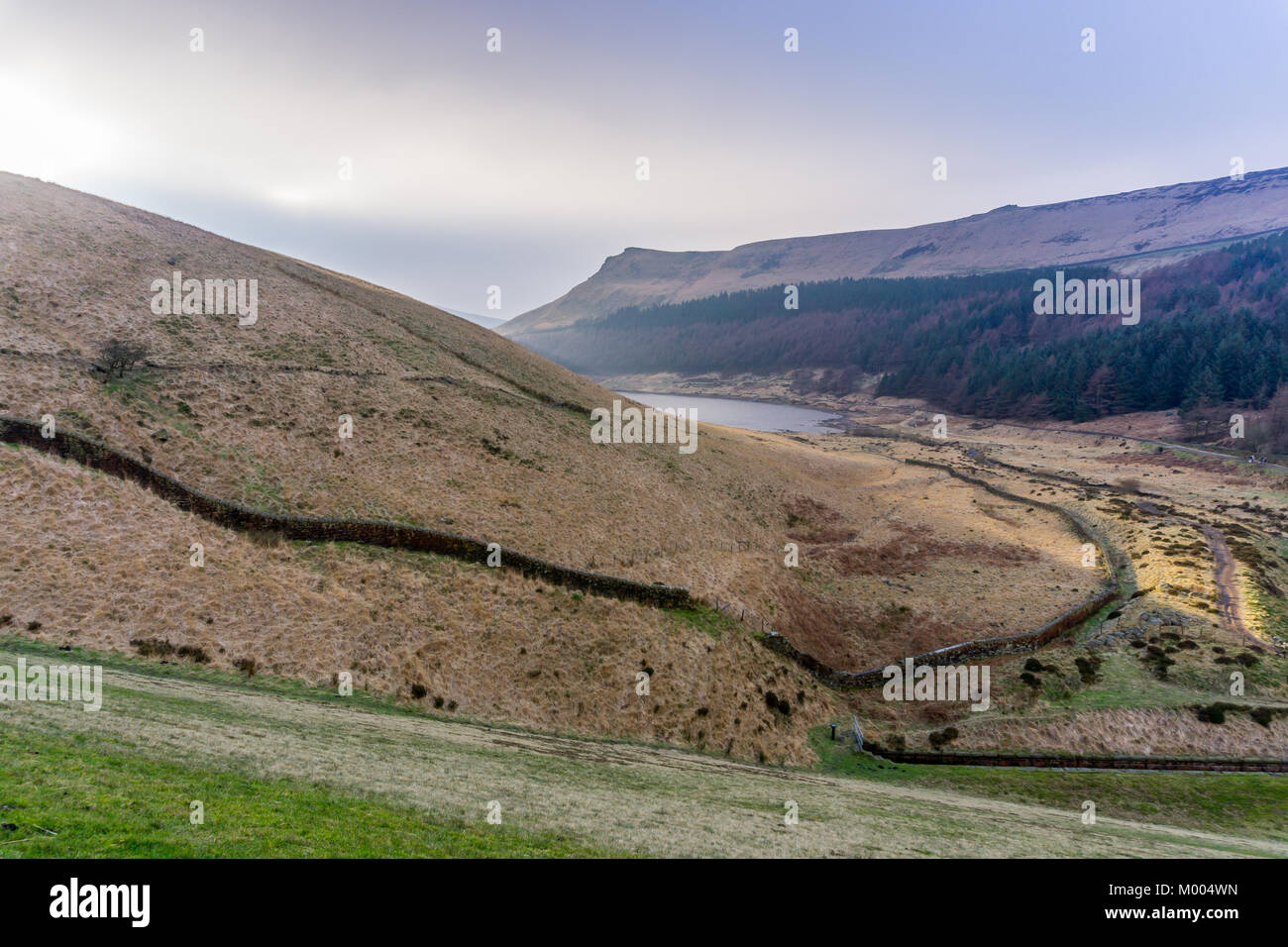Yeoman Hey reservoir with Alderman's Hill in the distance. Stock Photo