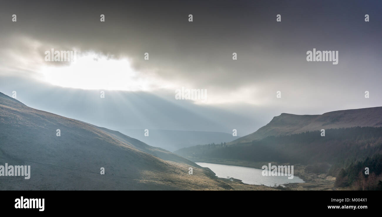 Yeoman Hey reservoir with Alderman's Hill in the distance. Stock Photo